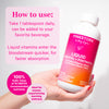 How to use: take 1 tablespoon daily, can be added to you favorite beverage. Liquid vitamins enter the bloodstream quicker, for faster absorption. 100% daily value of 16 OBGYN recommended nutrients. Ideal for women experiencing morning sickness. Hand holding Pink Stork Liquid Prenatal + Postnatal.