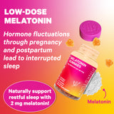 An open bottle of Melatonin Gummies with a close up of powdered Melatonin. Low-Dose Melatonin.