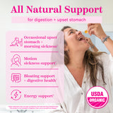 All natural support for digestion + upset stomach. Occasional upset stomach + morning sickness. Motion sickness support. Bloating support + digestive health. Energy support. USDA organic. Girl eating a sweet in front of a mirror. 