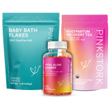 Pink Stork New Mom Gift Bundle. Baby Bath Flakes, Postpartum Recovery Tea, and Total Glow Gummies. 