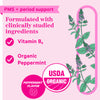 PMS + period support. Formulated with clinically studied ingredients: Vitamin B6 + Organic Peppermint. USDA organic. Peppermint flavor. Illustration of peppermint plant on pink background.