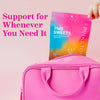 Support for Whenever You Need It. Pink Stork PMS Sweets being pulled out of a pink bag.