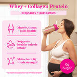 A fit pregnant woman drinking protein from her blender bottle following a great workout. Whey + Collagen Protein for women. 