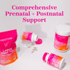 Assorted Pink Stork products. Comprehensive Prenatal + Postnatal Support. 