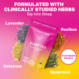 A package of Sleep Tea. With closeups of Lavender, Oatstraw, Rooibos, Spearmint. Plant-Based Sachets.