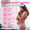 Total Postnatal Nutrition for postpartum + breastfeeding moms. Physical recovery support, hormonal balance, mood + energy support, healthy brain function. Mom holding a baby in a postpartum diaper in front of a window.