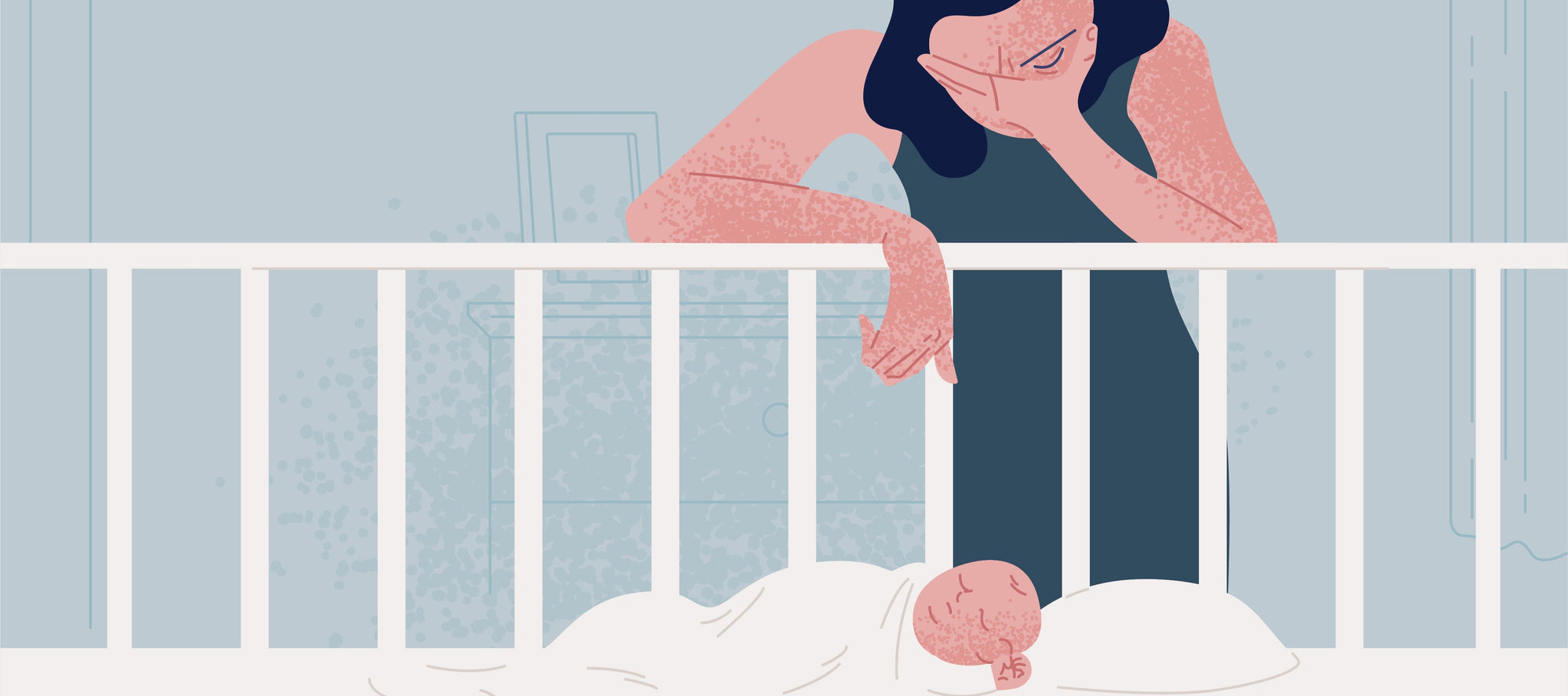 Illustration of a tired and emotional mother leaning over a crib, looking at her sleeping newborn.