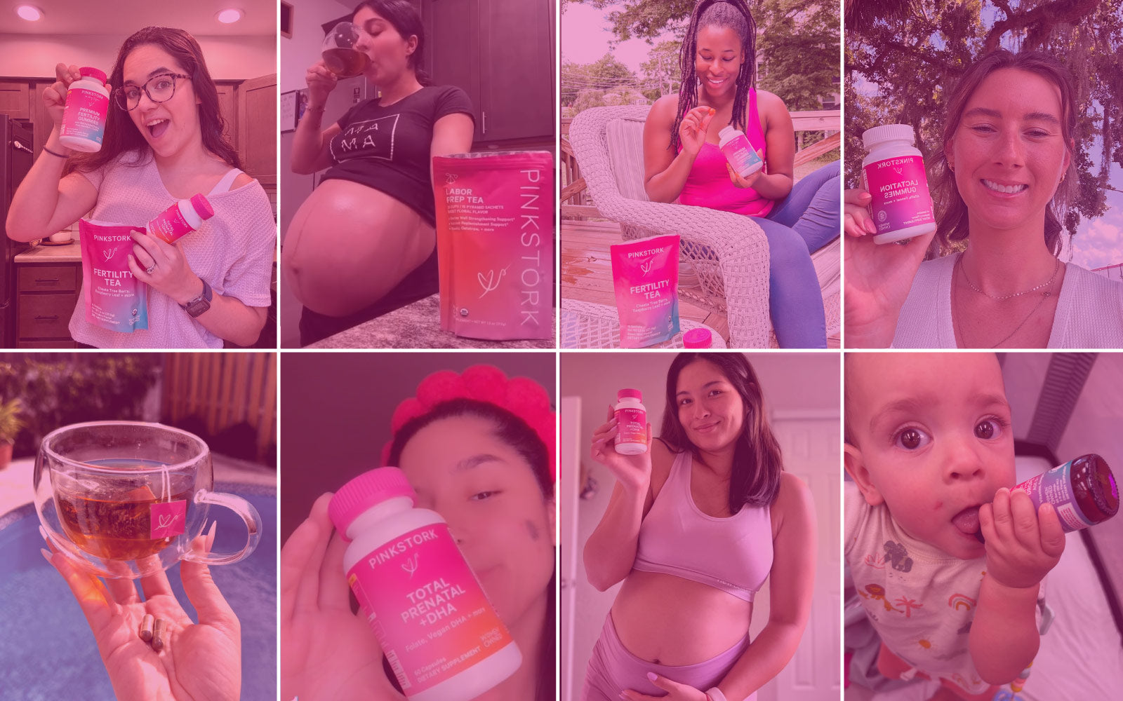 Collage of diverse women and a baby holding or using Pink Stork supplements and tea, with a pink overlay background.