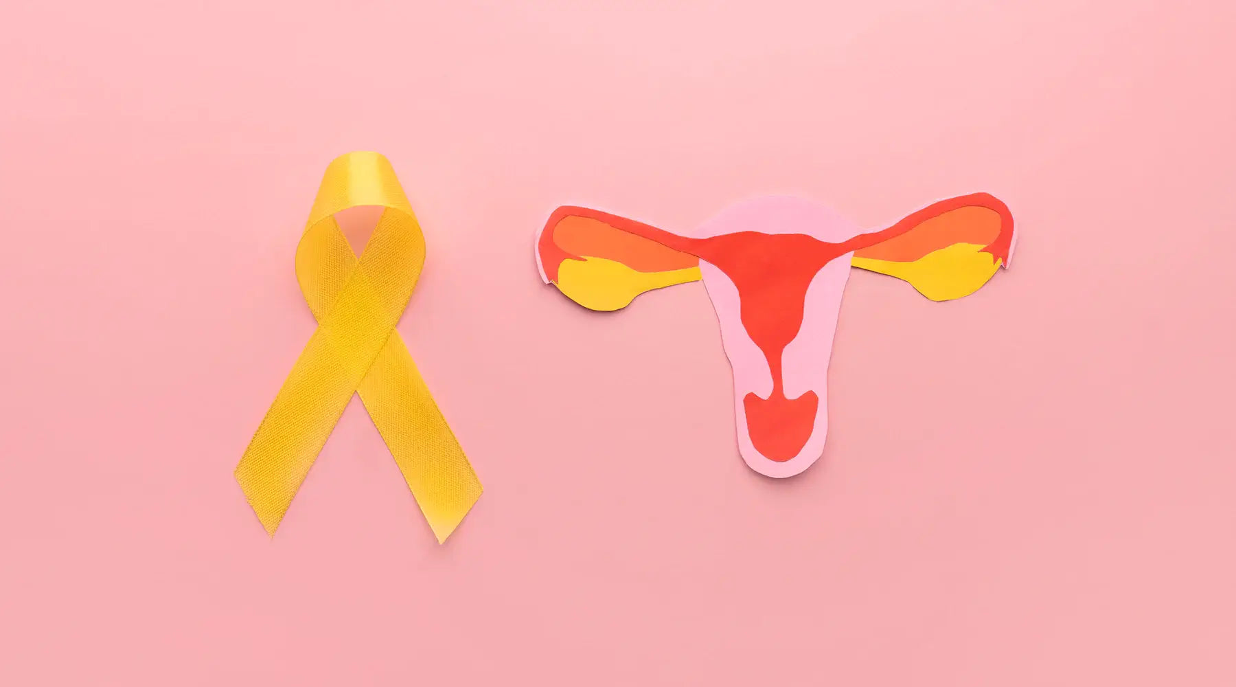 Yellow awareness ribbon next to illustration of a female reproductive system symbolizing endometriosis awareness on pink background.