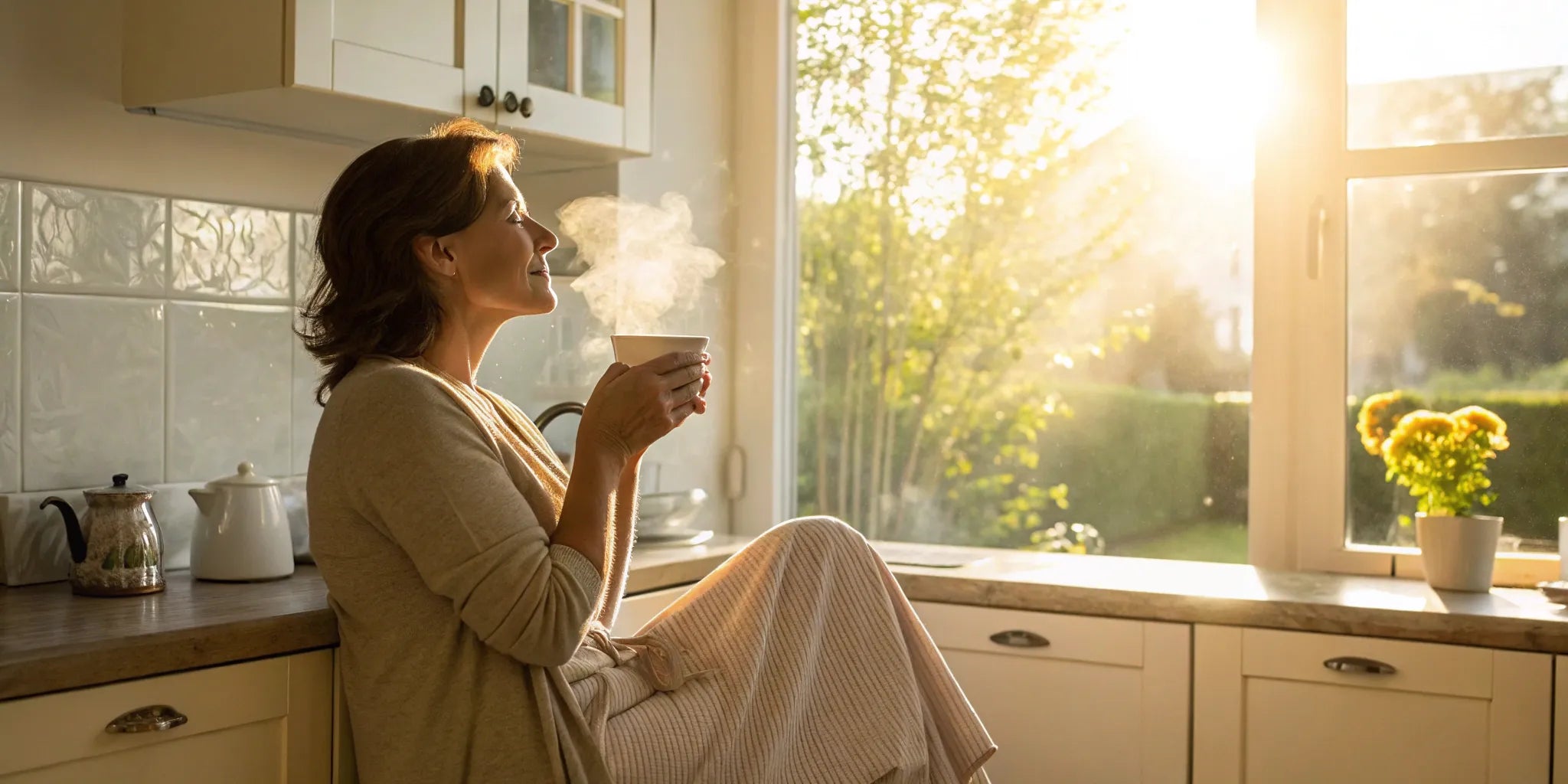 Pregnant woman sipping tea in a bright kitchen.