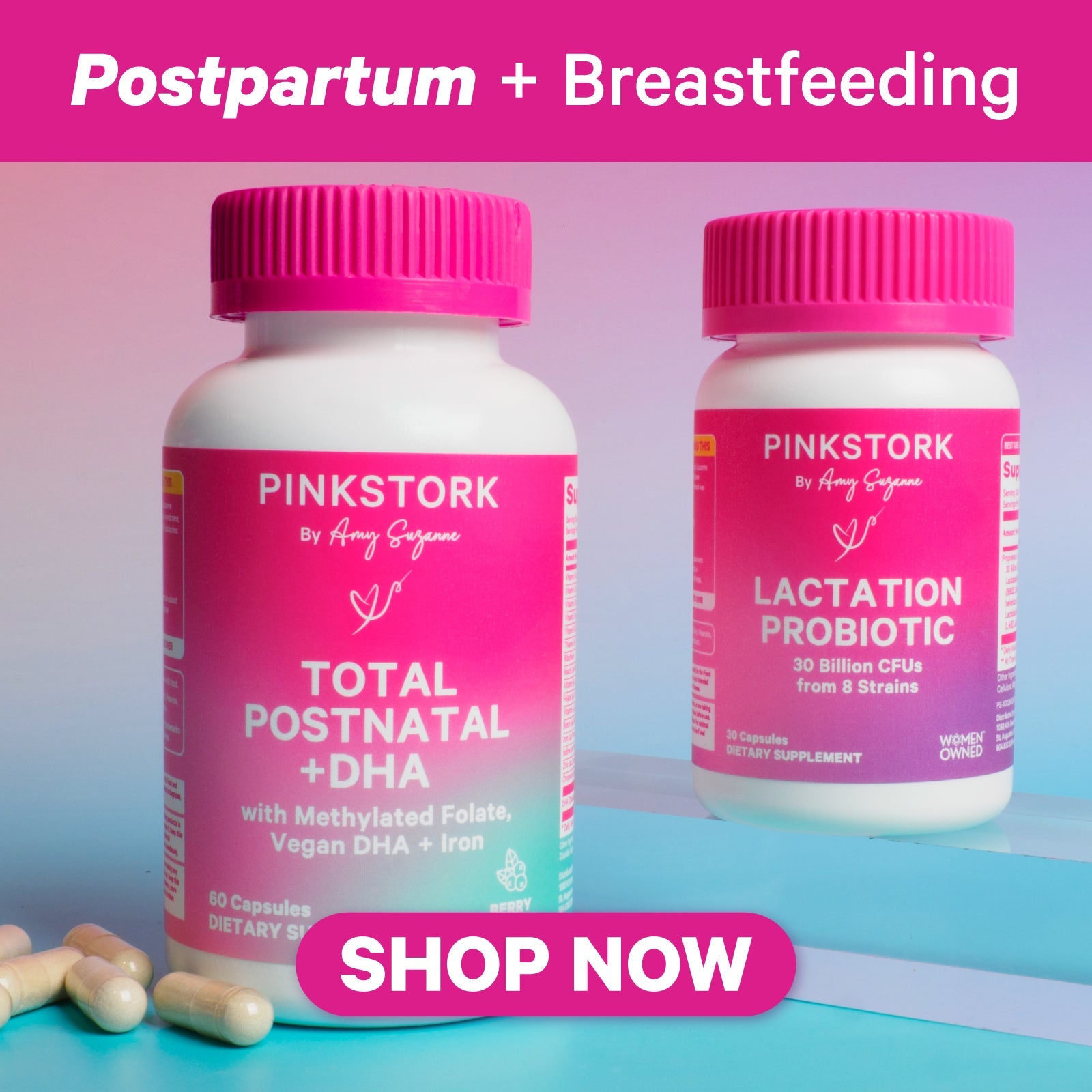 Studio photo of postpartum & breastfeeding supplements and products.