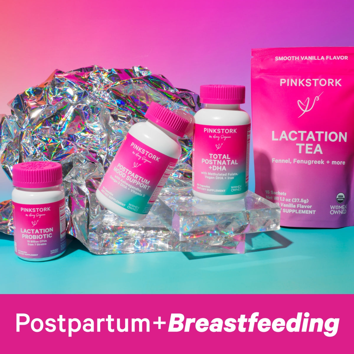 Studio photo of postpartum & breastfeeding supplements and products.