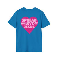 Spread the Love of Jesus T-Shirt | Pink Heart Christian Tee for Women | Soft, LightWeight Cotton T Shirt | 100% Ringspun Cotton