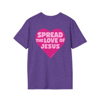 Spread the Love of Jesus T-Shirt | Pink Heart Christian Tee for Women | Soft, LightWeight Cotton T Shirt | 100% Ringspun Cotton