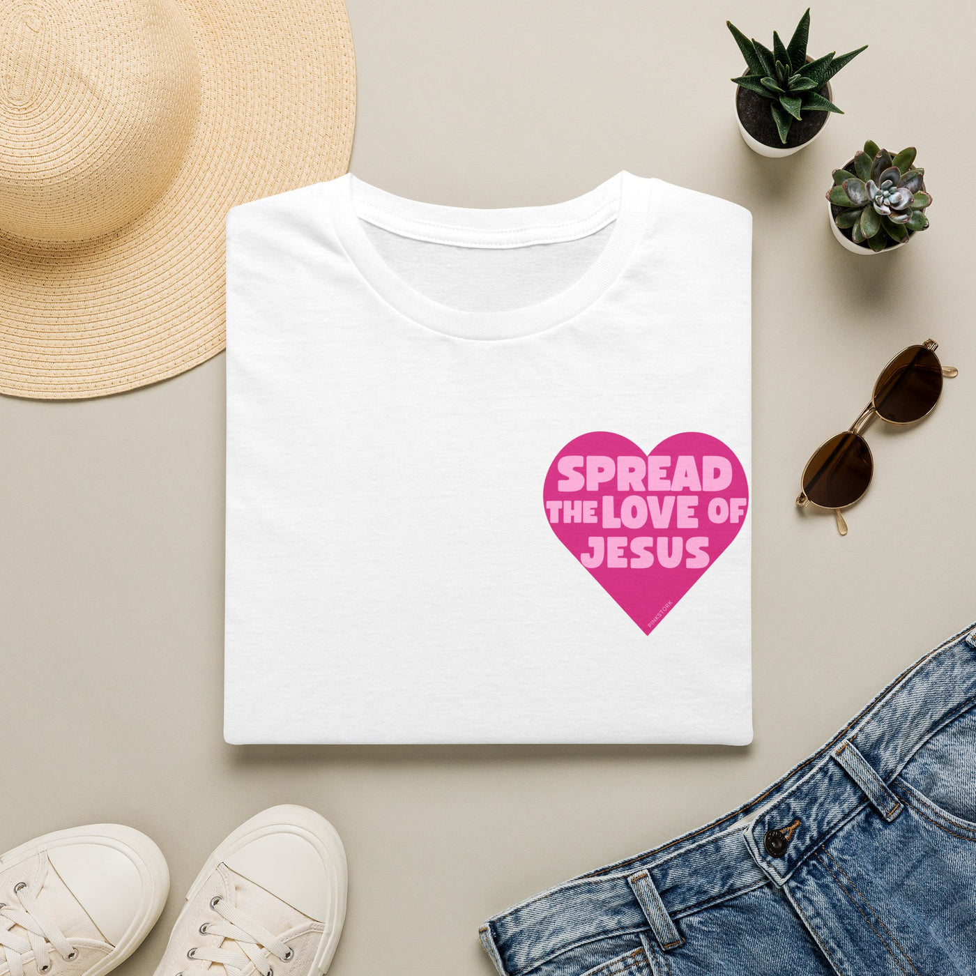 Spread the Love of Jesus T-Shirt | Pink Heart Christian Tee for Women | Soft, LightWeight Cotton T Shirt | 100% Ringspun Cotton