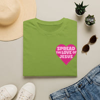 Spread the Love of Jesus T-Shirt | Pink Heart Christian Tee for Women | Soft, LightWeight Cotton T Shirt | 100% Ringspun Cotton