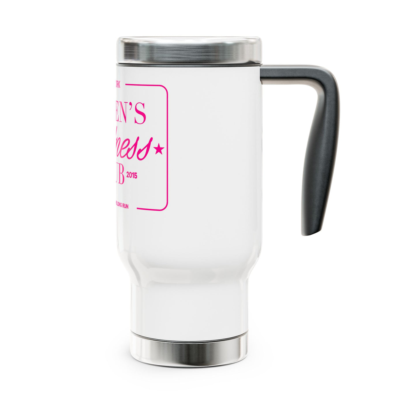 Pink Stork Women’s Wellness Club travel mug | 14oz stainless steel handle tumbler | White with Retro Pink Logo
