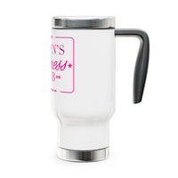 Pink Stork Women’s Wellness Club travel mug | 14oz stainless steel handle tumbler | White with Retro Pink Logo