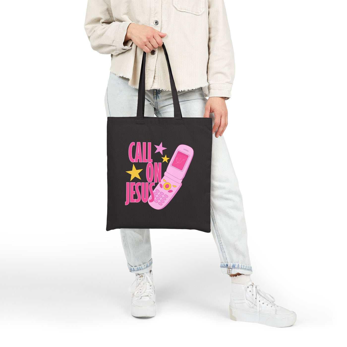 Call On Jesus flip phone tote bag | Christian faith canvas tote