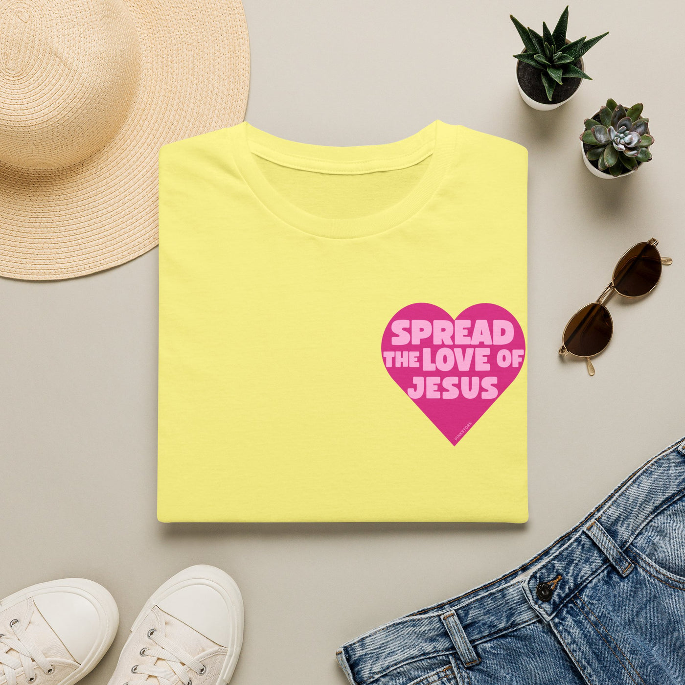 Spread the Love of Jesus T-Shirt | Pink Heart Christian Tee for Women | Soft, LightWeight Cotton T Shirt | 100% Ringspun Cotton