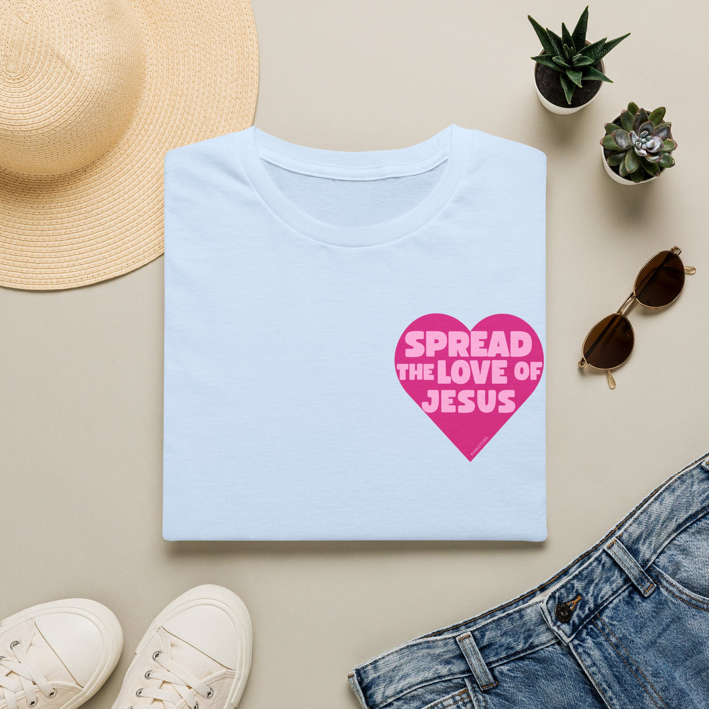 Spread the Love of Jesus T-Shirt | Pink Heart Christian Tee for Women | Soft, LightWeight Cotton T Shirt | 100% Ringspun Cotton