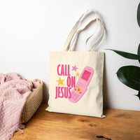 Call On Jesus flip phone tote bag | Christian faith canvas tote
