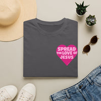 Spread the Love of Jesus T-Shirt | Pink Heart Christian Tee for Women | Soft, LightWeight Cotton T Shirt | 100% Ringspun Cotton