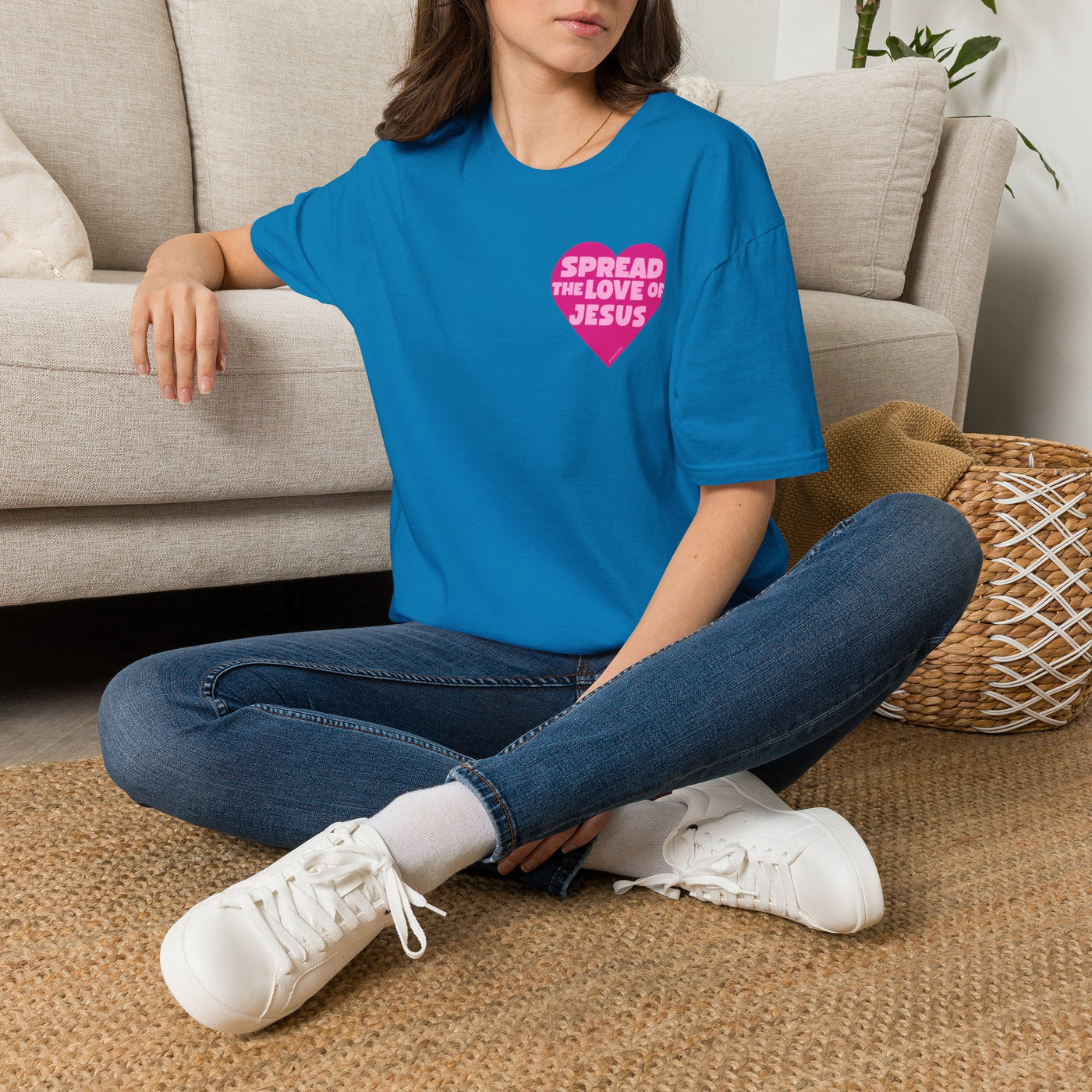 Spread the Love of Jesus T-Shirt | Pink Heart Christian Tee for Women | Soft, LightWeight Cotton T Shirt | 100% Ringspun Cotton