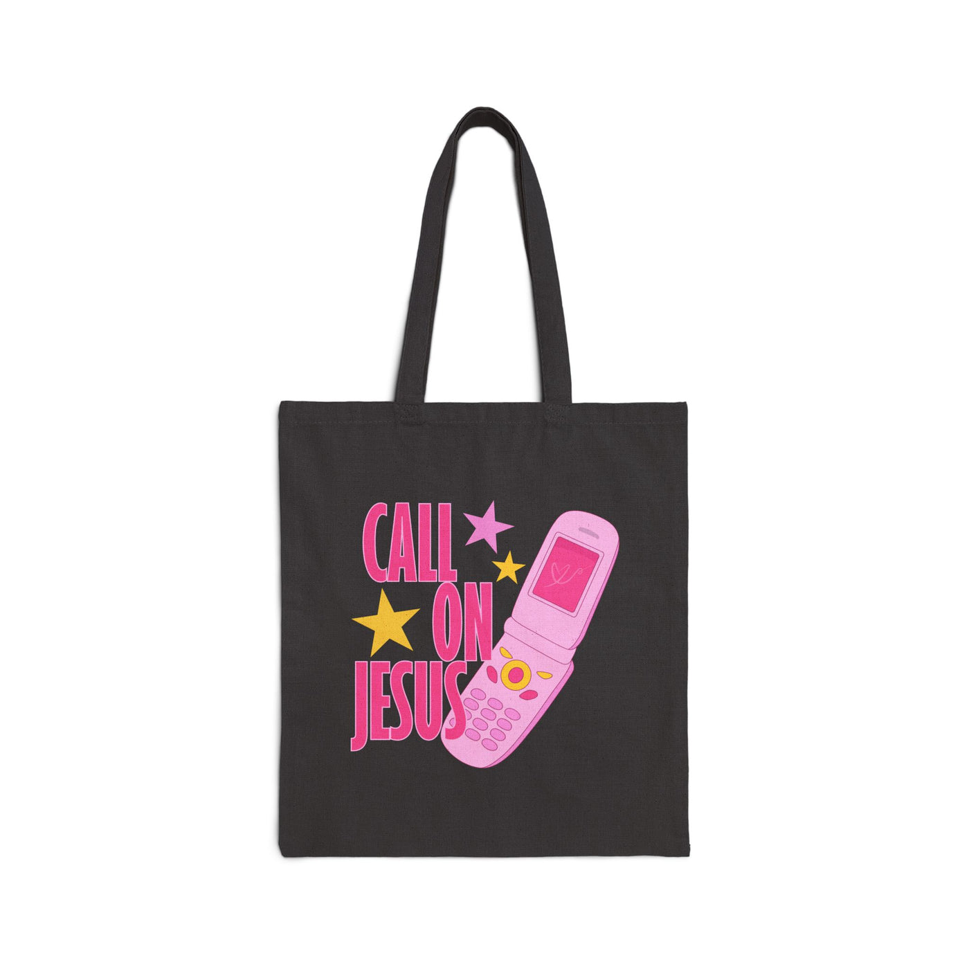 Call On Jesus flip phone tote bag | Christian faith canvas tote