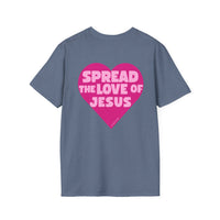 Spread the Love of Jesus T-Shirt | Pink Heart Christian Tee for Women | Soft, LightWeight Cotton T Shirt | 100% Ringspun Cotton