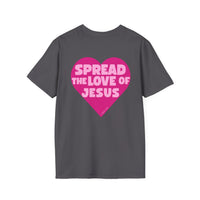 Spread the Love of Jesus T-Shirt | Pink Heart Christian Tee for Women | Soft, LightWeight Cotton T Shirt | 100% Ringspun Cotton