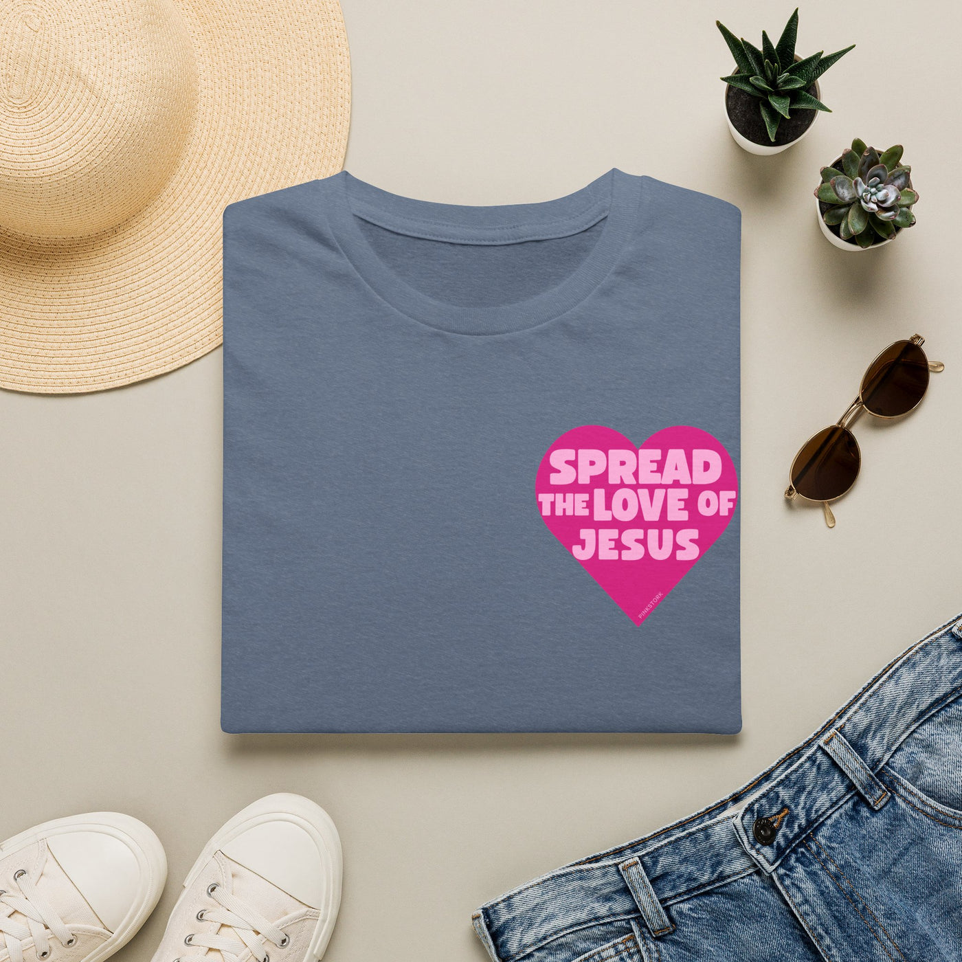 Spread the Love of Jesus T-Shirt | Pink Heart Christian Tee for Women | Soft, LightWeight Cotton T Shirt | 100% Ringspun Cotton