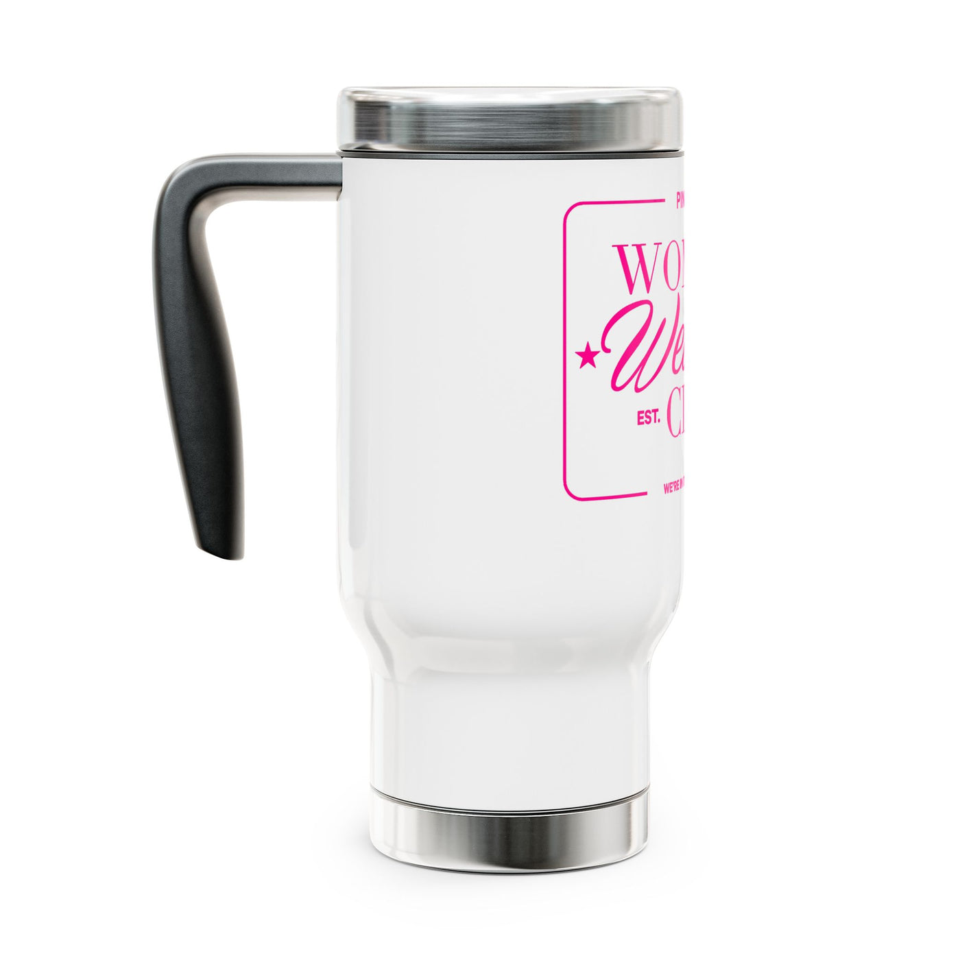 Pink Stork Women’s Wellness Club travel mug | 14oz stainless steel handle tumbler | White with Retro Pink Logo