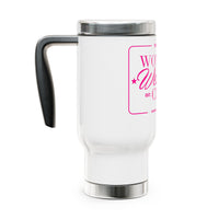 Pink Stork Women’s Wellness Club travel mug | 14oz stainless steel handle tumbler | White with Retro Pink Logo