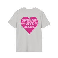 Spread the Love of Jesus T-Shirt | Pink Heart Christian Tee for Women | Soft, LightWeight Cotton T Shirt | 100% Ringspun Cotton