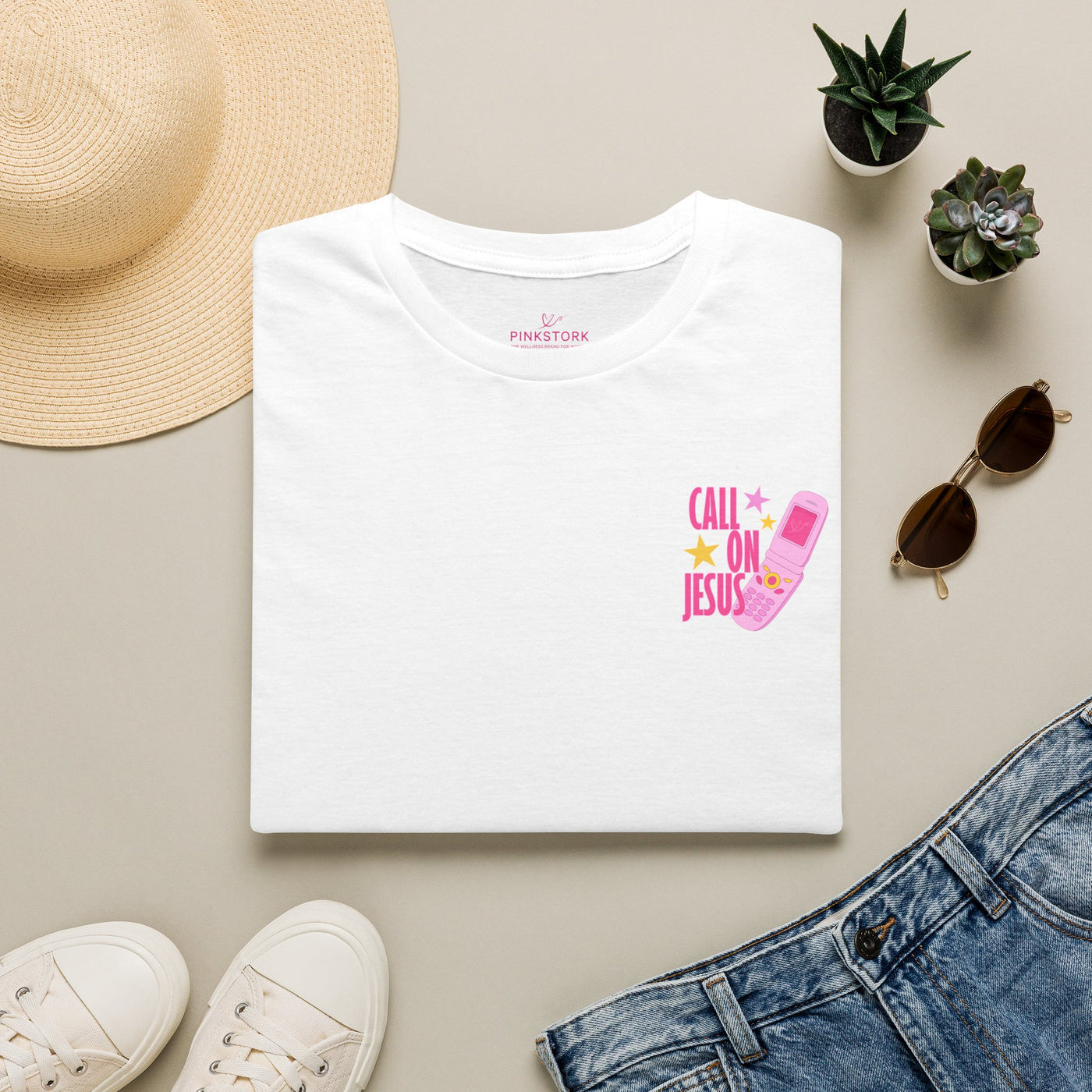 Call On Jesus pink flip phone T-Shirt | Christian faith tee