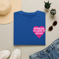 Spread the Love of Jesus T-Shirt | Pink Heart Christian Tee for Women | Soft, LightWeight Cotton T Shirt | 100% Ringspun Cotton