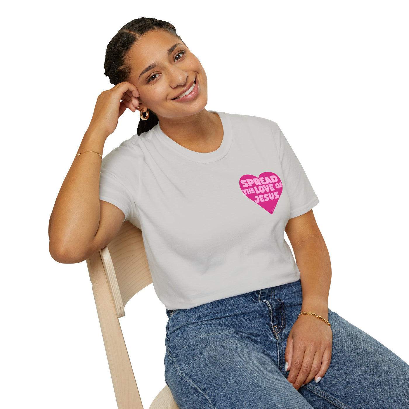 Spread the Love of Jesus T-Shirt | Pink Heart Christian Tee for Women | Soft, LightWeight Cotton T Shirt | 100% Ringspun Cotton