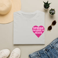 Spread the Love of Jesus T-Shirt | Pink Heart Christian Tee for Women | Soft, LightWeight Cotton T Shirt | 100% Ringspun Cotton