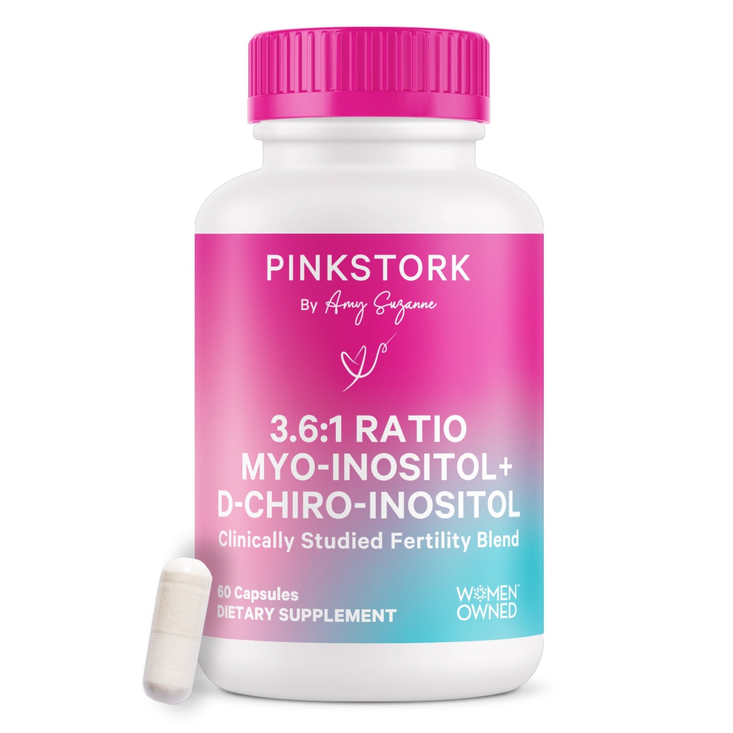 Supplement bottle with pink and white label on a white background