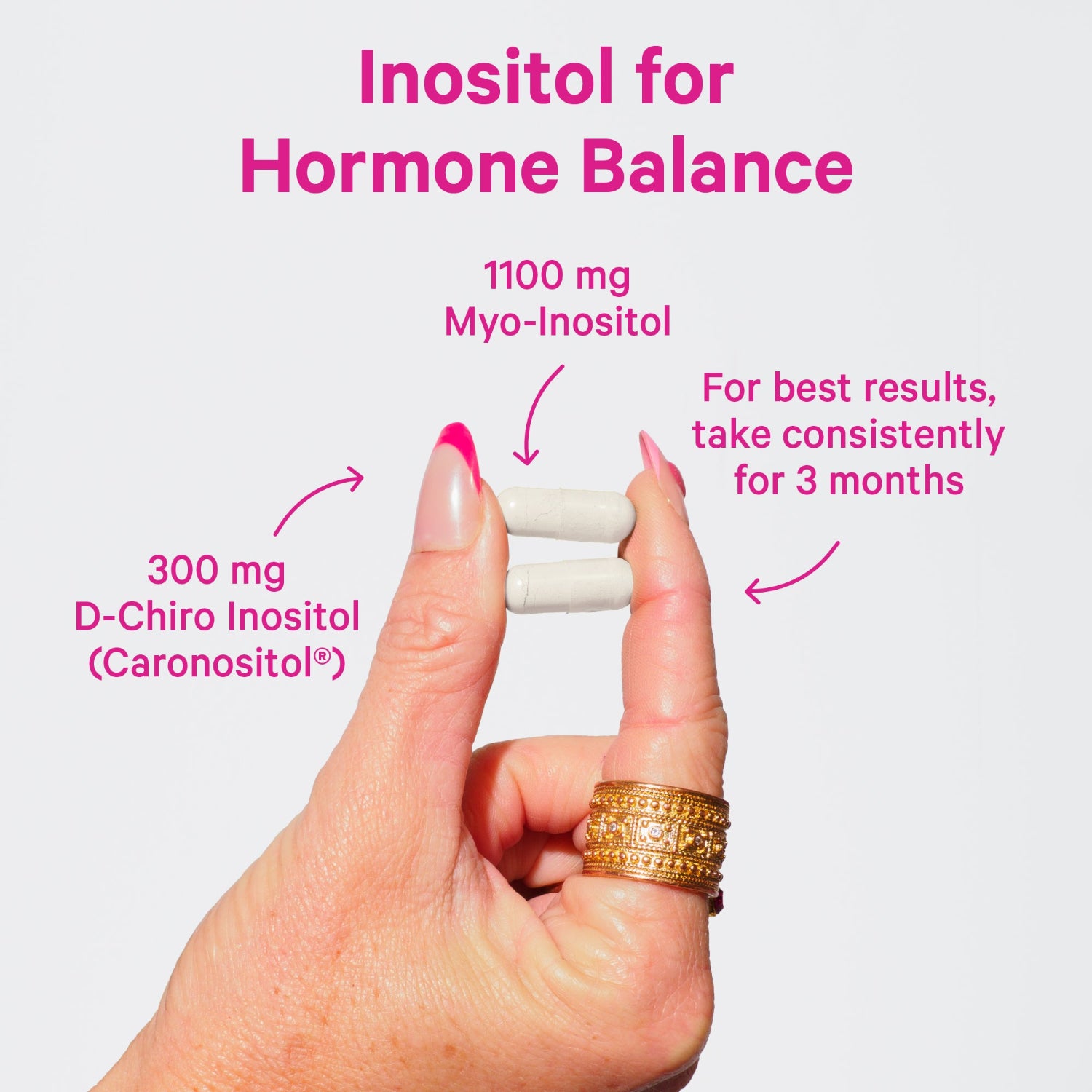 Hand holding two capsules with text about Inositol for hormone balance on a white background