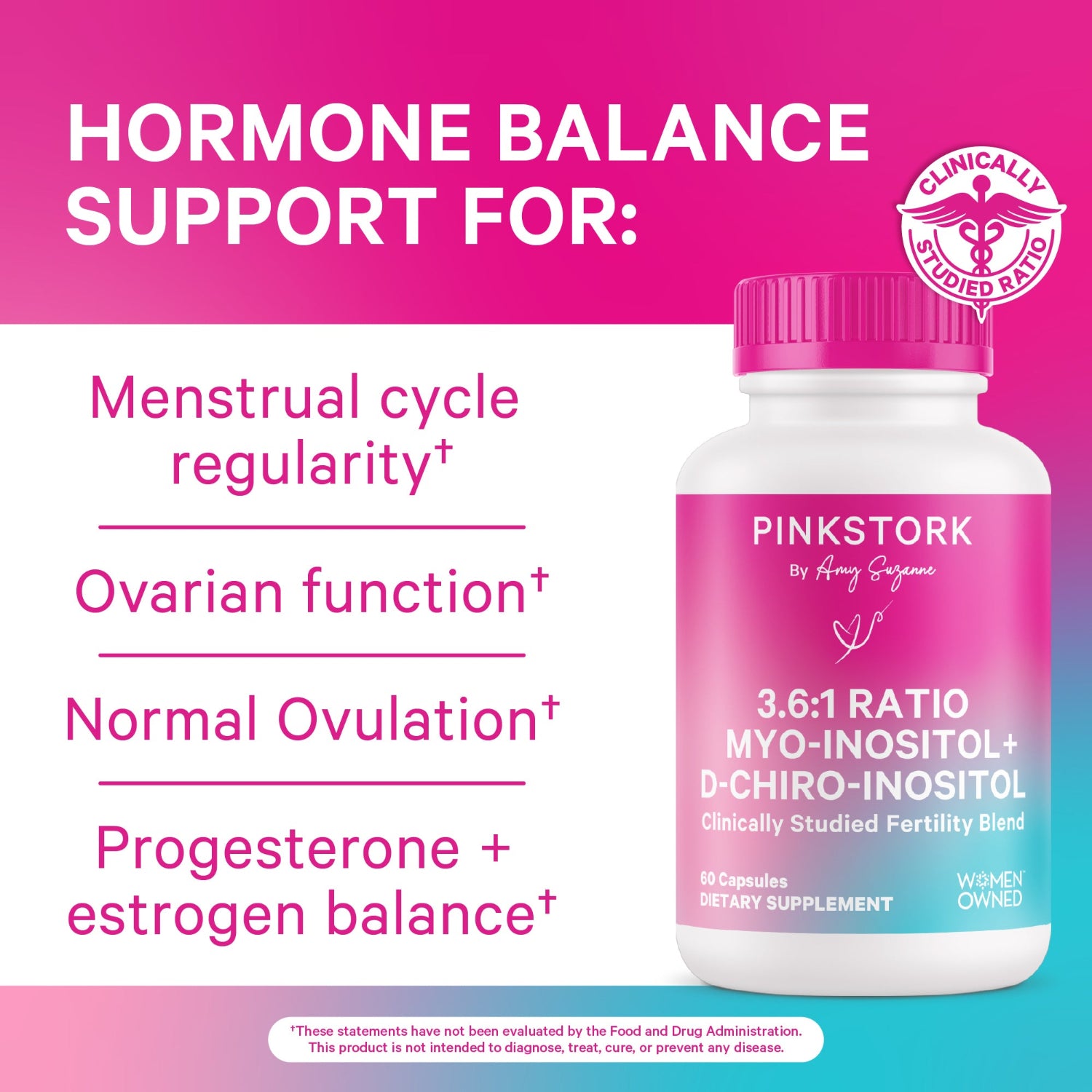 Pink Stork hormone balance support supplement bottle with pink label on a pink and white background