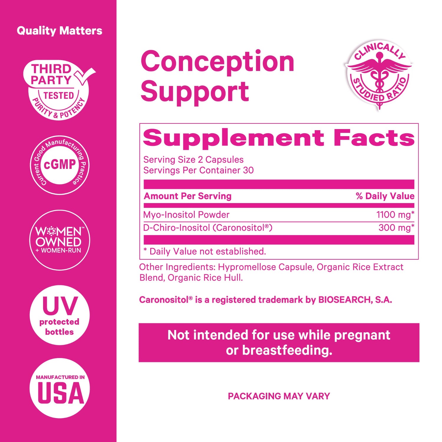 Supplement label for conception support with various certifications on a pink background