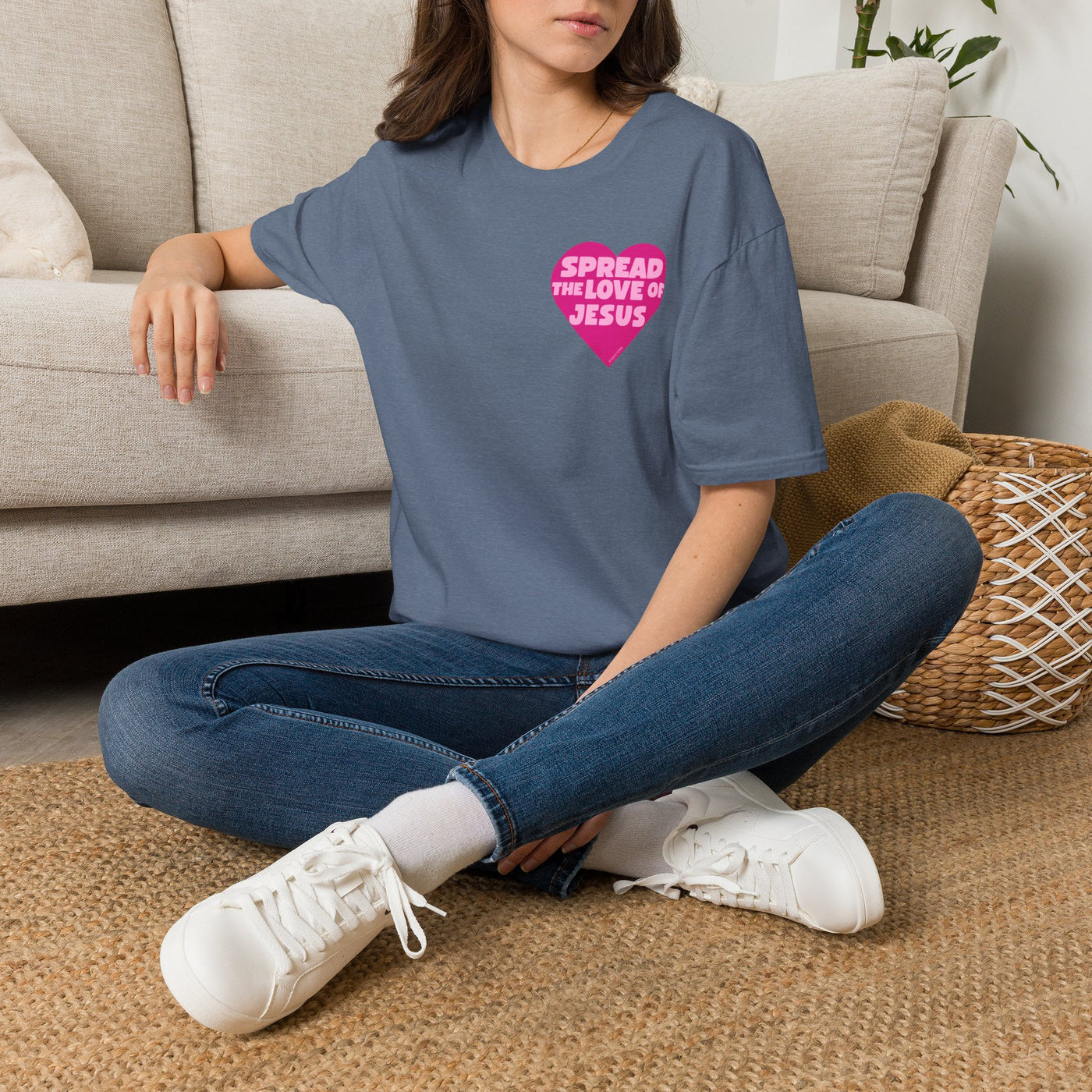 Spread the Love of Jesus T-Shirt | Pink Heart Christian Tee for Women | Soft, LightWeight Cotton T Shirt | 100% Ringspun Cotton