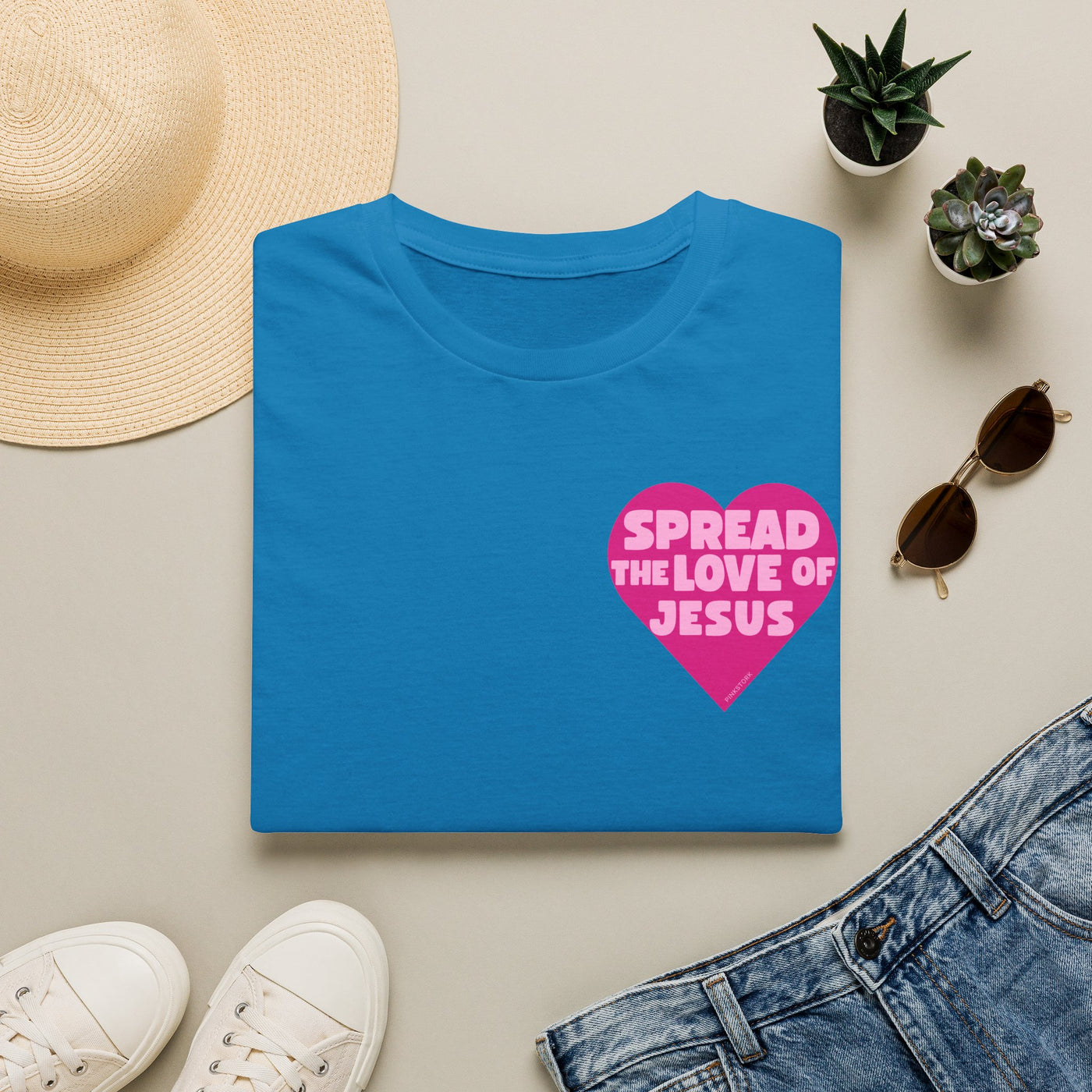 Spread the Love of Jesus T-Shirt | Pink Heart Christian Tee for Women | Soft, LightWeight Cotton T Shirt | 100% Ringspun Cotton