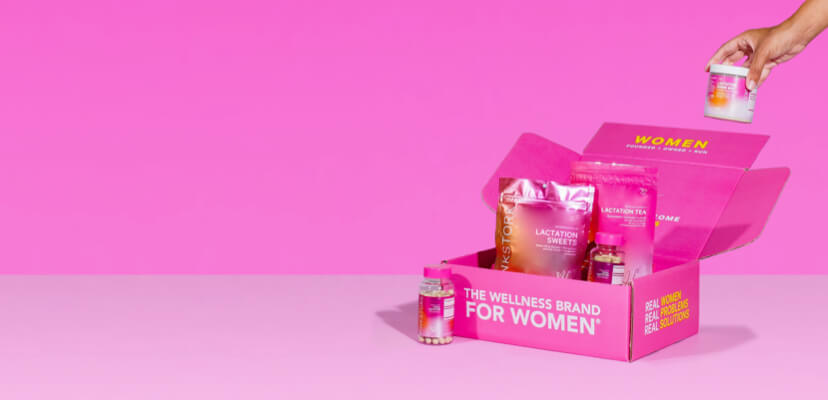 A single Pink Stork Box, open, with some products stick out of it