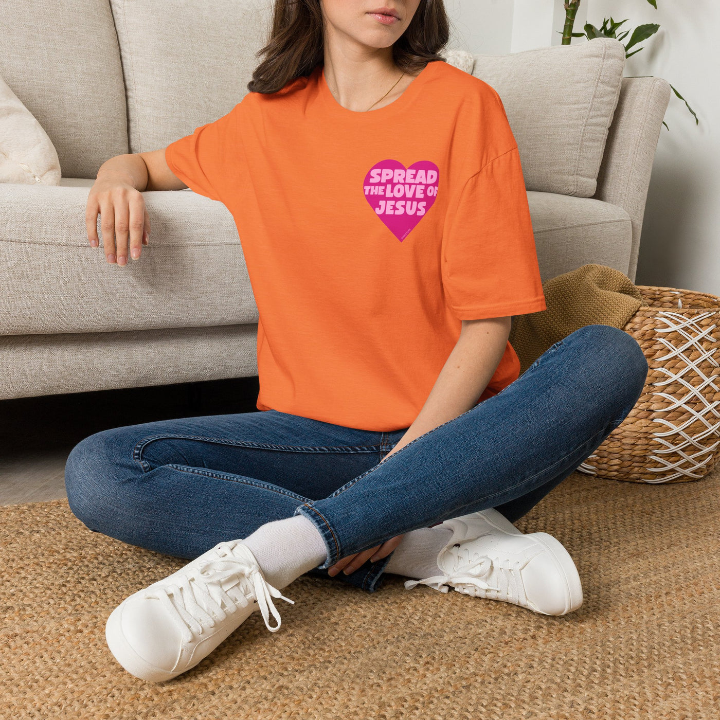 Spread the Love of Jesus T-Shirt | Pink Heart Christian Tee for Women | Soft, LightWeight Cotton T Shirt | 100% Ringspun Cotton