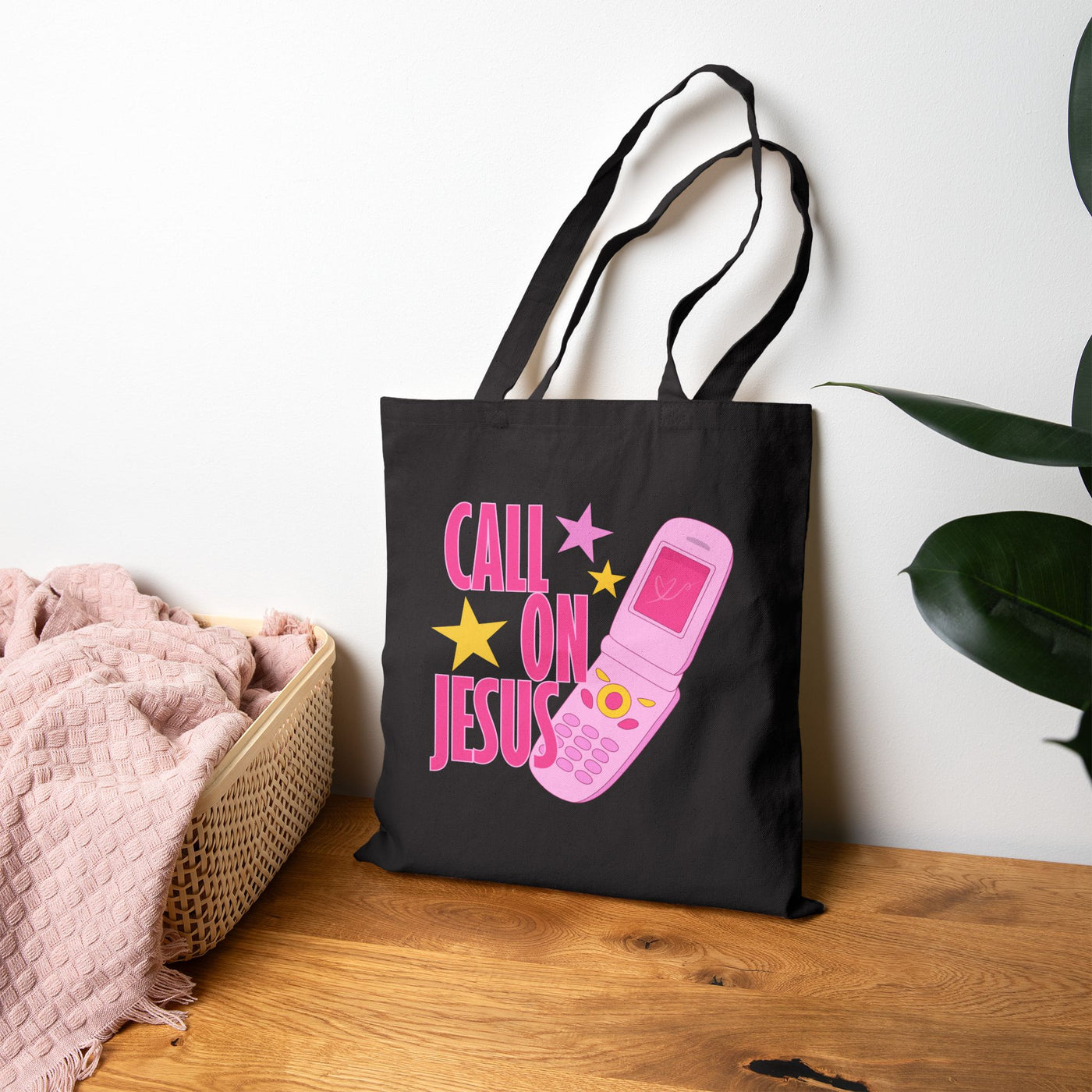 Call On Jesus flip phone tote bag | Christian faith canvas tote