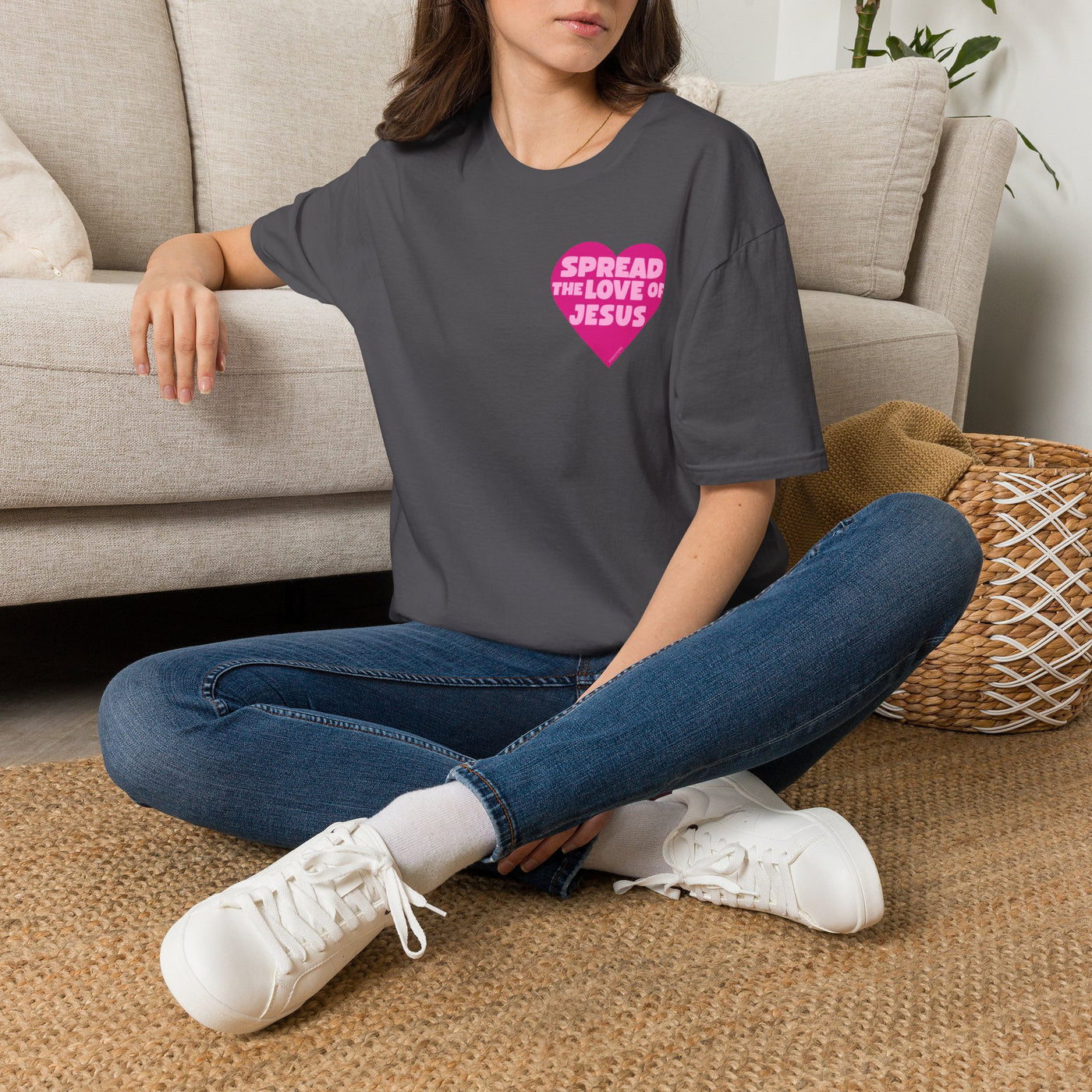 Spread the Love of Jesus T-Shirt | Pink Heart Christian Tee for Women | Soft, LightWeight Cotton T Shirt | 100% Ringspun Cotton