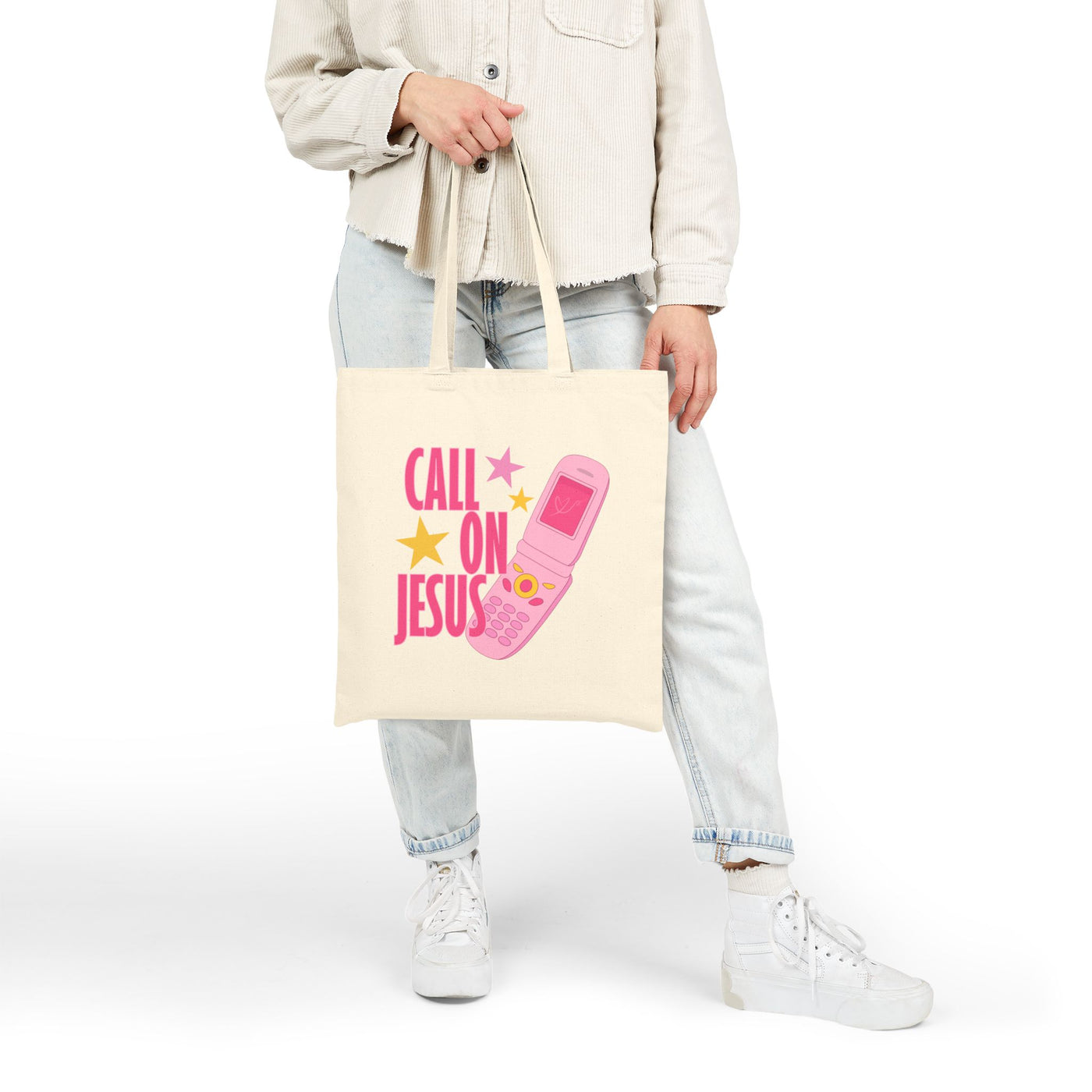Call On Jesus flip phone tote bag | Christian faith canvas tote